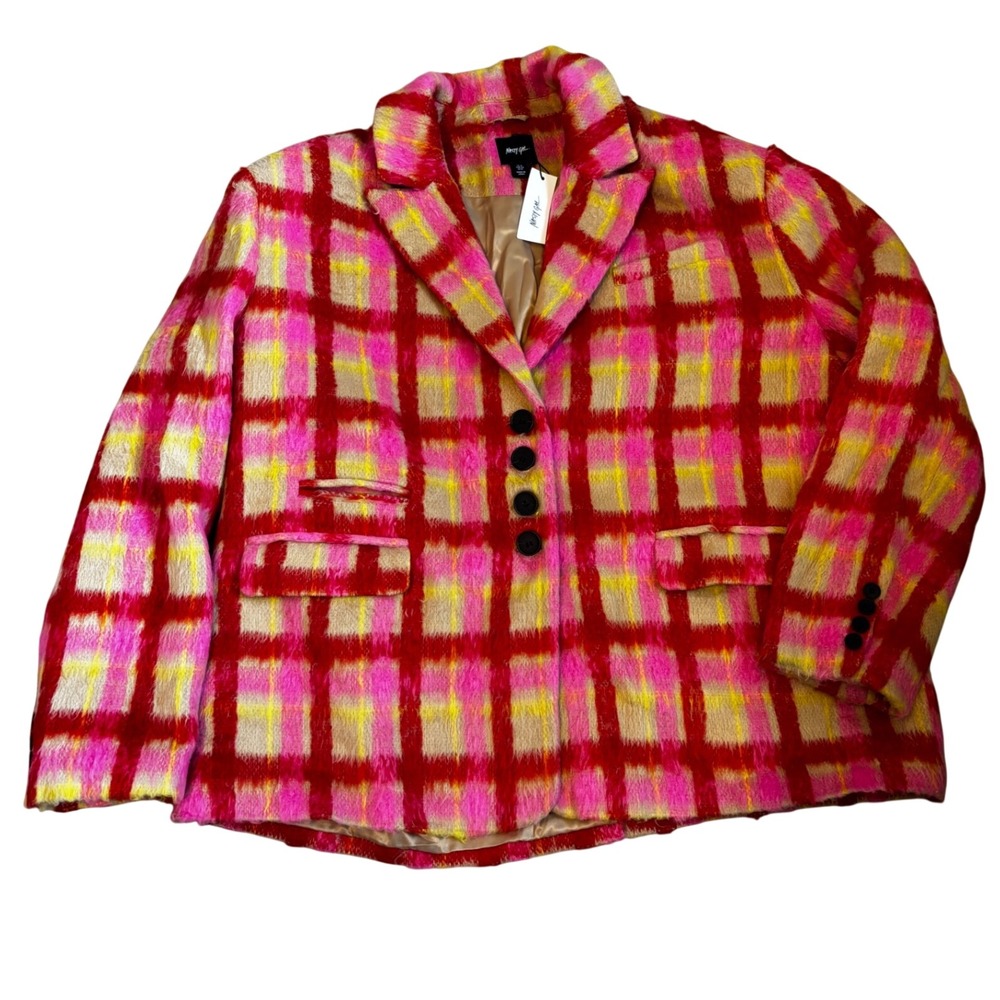 Nasty Gal Premium Neon Check Tailored Blazer Coat Pink Yellow Plaid Size 12 NEW